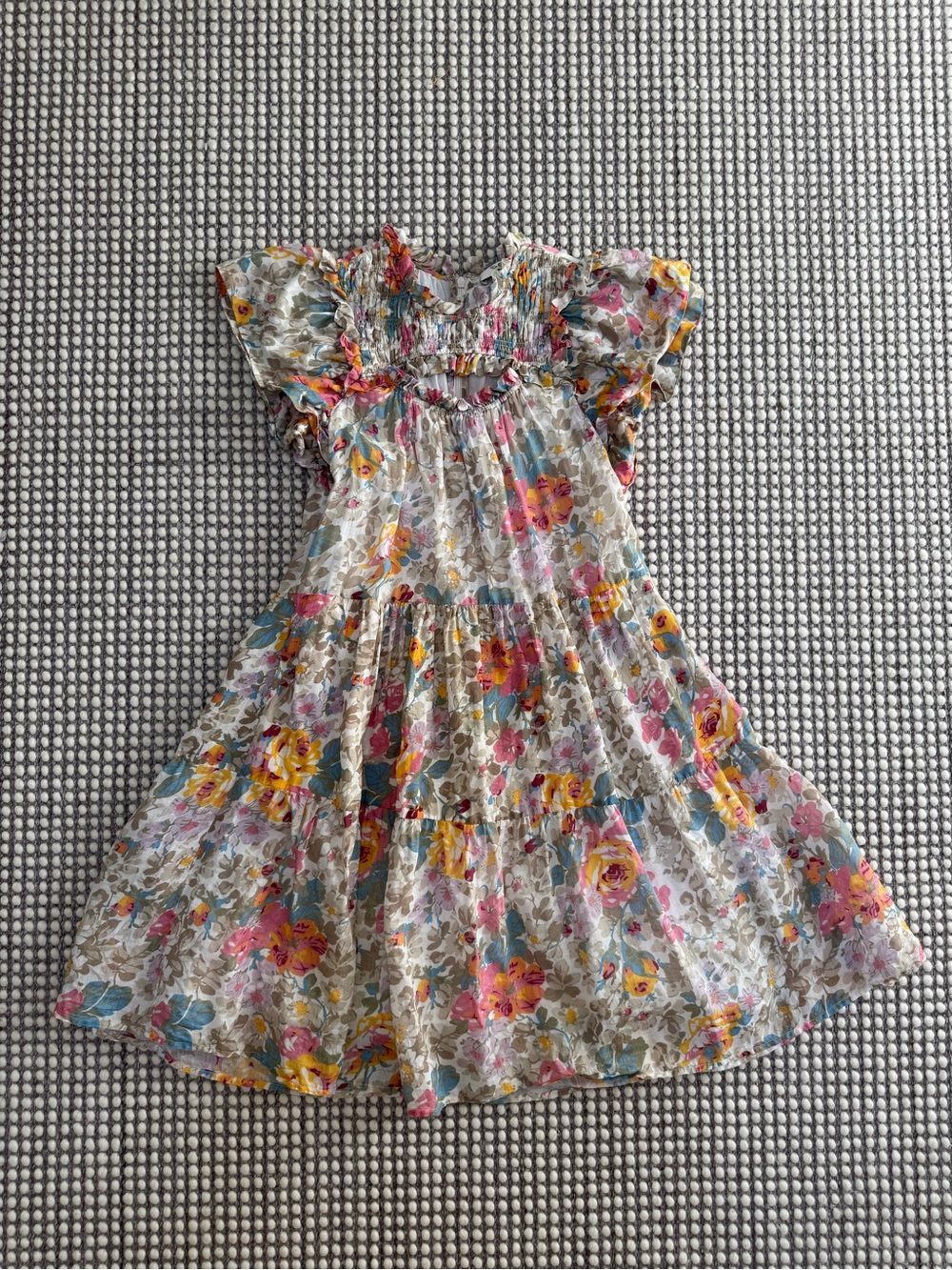 Sea New York Ines Floral Tiered Dress - White with Pink, Yellow & Blue Flowers